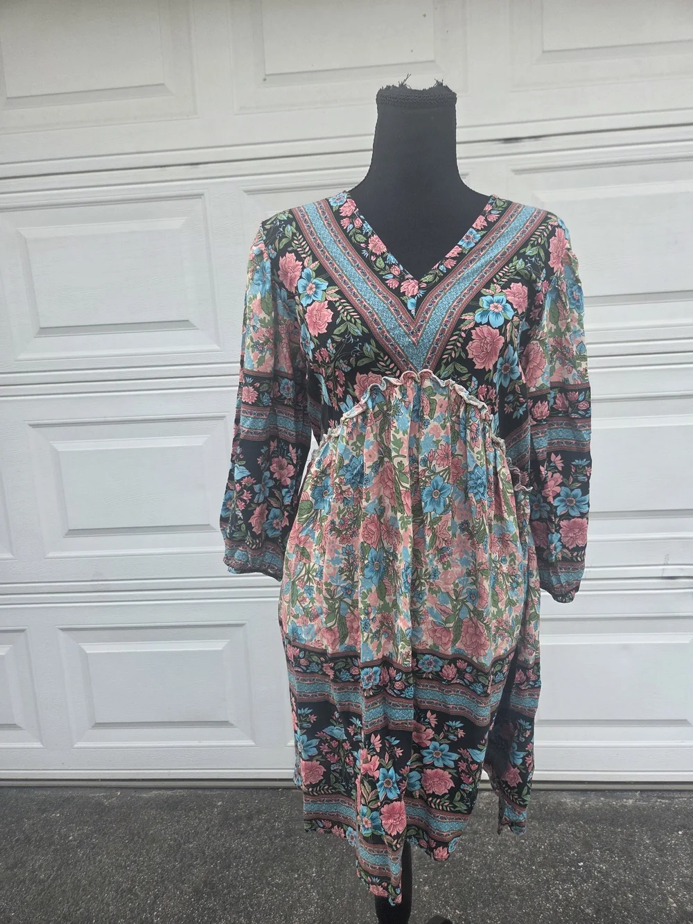 BTFBM Floral Boho Babydoll Mini Dress Pink Blue Long Sleeve V-Neck Size M - Picture 2 of 14